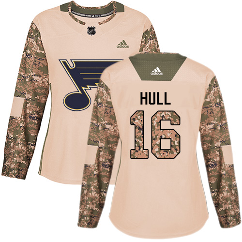 Adidas Blues #16 Brett Hull Camo Authentic Veterans Day Women's Stitched NHL Jersey - Click Image to Close